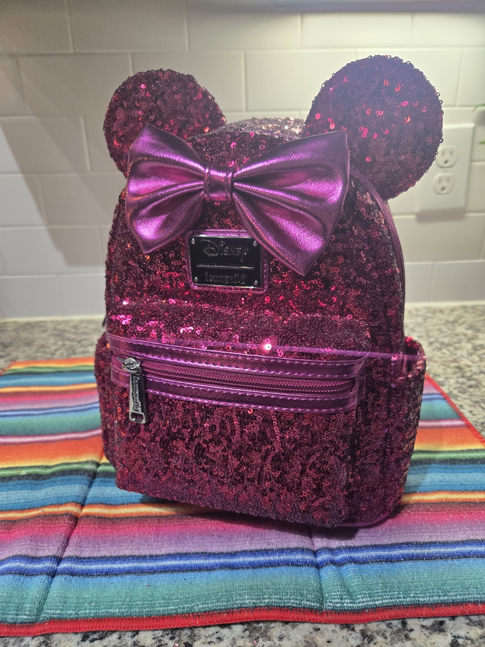 Disney Loungefly Sequin Minnie Ear Mini Backpack - Magenta Pink